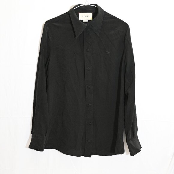 Gucci Black 100% Silk Shirt with Subtle GG Embroidery Very Good Condition - Picture 1 of 12